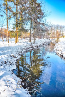 Karlı ağaçlarla dolu renkli bir manzara, suda yansıması olan güzel donmuş bir nehir. Kış manzarası