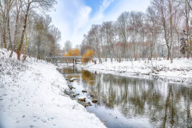 Şehir parkında karlı ağaçlar ve güzel donmuş nehirlerle muhteşem bir manzara. Kış manzarası