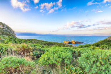 Doğa koruma alanının Milazzo Burnu 'nun muhteşem bahar manzarası. Konum: Milazzo Burnu, Tyrhenian Denizi, Sicilya Adası, İtalya, Avrupa