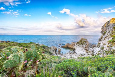 Doğanın Milazzo Burnu 'nun muhteşem bahar manzarası Piscina di Venere' de. Konum: Milazzo Burnu, Tyrhenian Denizi, Sicilya Adası, İtalya, Avrupa