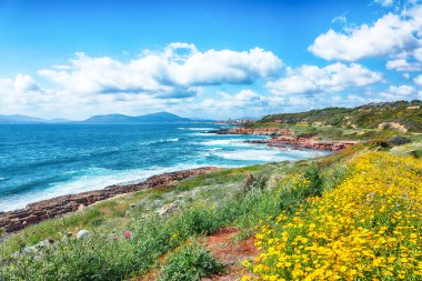 Sabahları Alghero şehrinin şaşırtıcı ilkbahar manzarası. Fantastik Akdeniz manzarası. Konum: Alghero, Sassari ili, İtalya, Avrupa
