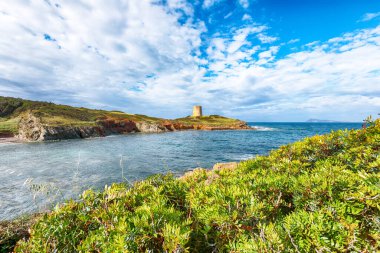 Turkuaz deniz ve Piscinni 'nin ünlü sahil kulesiyle Piscinni Körfezi' nin muhteşem sabah manzarası. Güzel Akdeniz deniz manzarası. Konum: Teulada, Sardunya, İtalya Avrupa