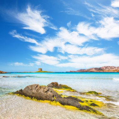 La Pelosa sahilinin ve Torre della Pelosa yakınlarındaki kayalık sahilin inanılmaz sabah manzarası. Konum: Stintino, Sassari ili, İtalya, Avrupa