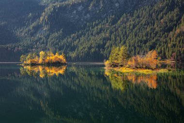 Eibsee gölünün ortasında çam ağaçları olan adaların muhteşem sonbahar manzarası. Konum: Eibsee Gölü, Garmisch-Partenkirchen, Bavyera Eyaleti, Almanya, Avrupa