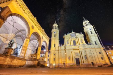 Amazing cityscape and view on Theatine Church of St. Kajetan or Theatinerkirche and Feldherrnhalle in Munich. Location: Munich, Bavaria, Germany, Europe.