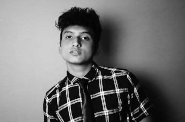 young boy front look black & white image, b&w