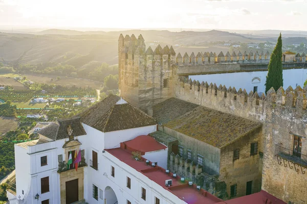 Castle White Houses Surrounding Fortress Andalusian Village Arcos Frontera Sunset — Stock Photo, Image