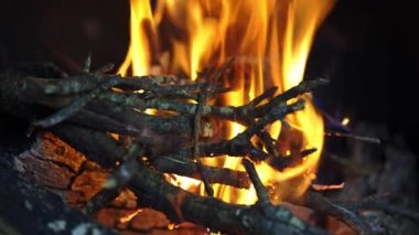 Slowmotion of a fire burning with oak tree wood in a shot very close to the motif