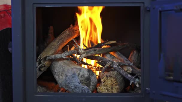 Slowmotion Burning Wood Rustic Cast Iron Stove — Vídeos de Stock