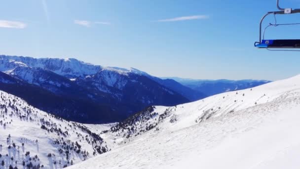 Snowy Landscape Pyrenees Ski Lift Chairs Passing Front Grandvalira Andorra — Stockvideo