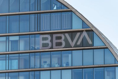Madrid, Spain, February 4, 2023: BBVA brand of the multinational bank in its headquarters building