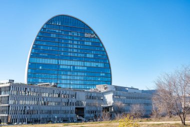 Madrid, Spain, February 4, 2023: Skyscraper building of the corporate headquarters of the multinational bank BBVA in Madrid