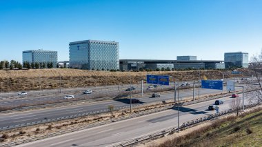 Madrid, Spain, February 4, 2023: Complex of buildings of the multinational Telefonica next to the road in Madrid