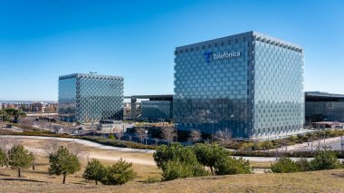 Madrid, Spain, February 4, 2023: Complex of buildings and skyscrapers of offices of Telefonicas headquarters in Spain