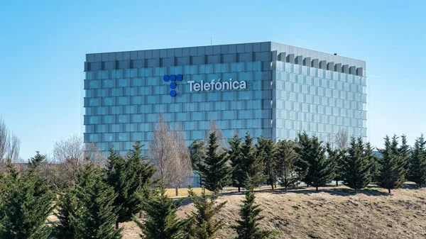 Madrid Spain February 2023 Glass Metal Building Multinational Telefonica Its — Stock Photo, Image