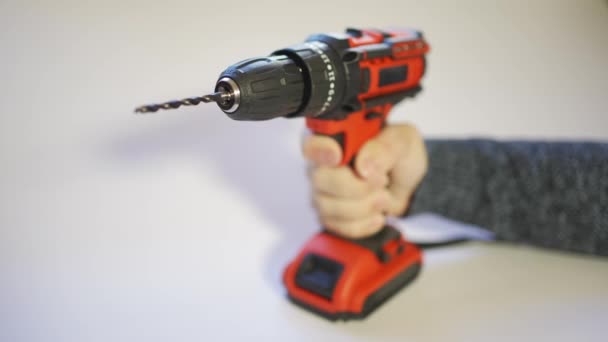Mens Hand Holding Drill Cordless Battery Making Work — Vídeo de stock