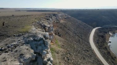 A multitude of large vultures flying and perched on top of the high rocks of the cliff formed by the erosion of the river