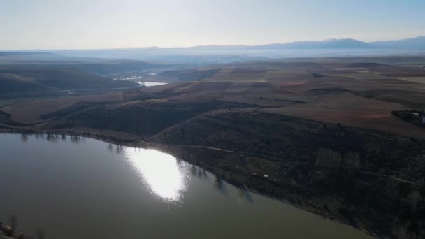 Aerial View Drone Course River Circulates Quietly Hills Rio Riaza — Video Stock