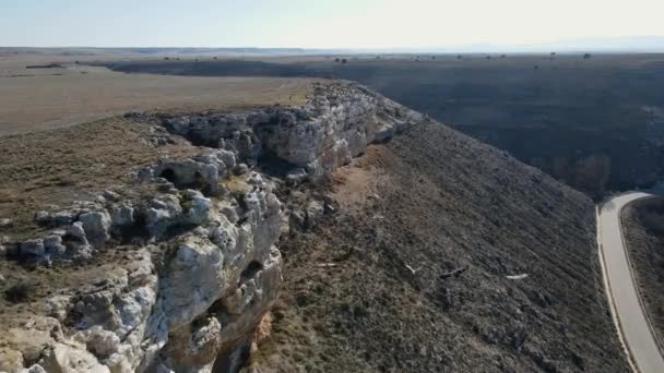 Multitude Vultures Perched High Rocks Cliff Formed Erosion River Circulates — Vídeo de Stock