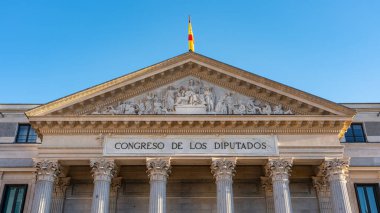Madrid 'de İspanyol bayrağı taşıyan milletvekilleri kongresinin önünde.