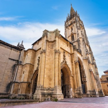 Oviedo Gotik Katedrali 'nin gökyüzüne yükselen gökdeleniyle anıtsal binası, Asturias, İspanya