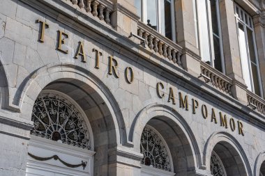 Oviedo, Spain, March 20, 2023: Main facade of the famous Campoamor theatre where the Princess of Asturias Awards are presented clipart