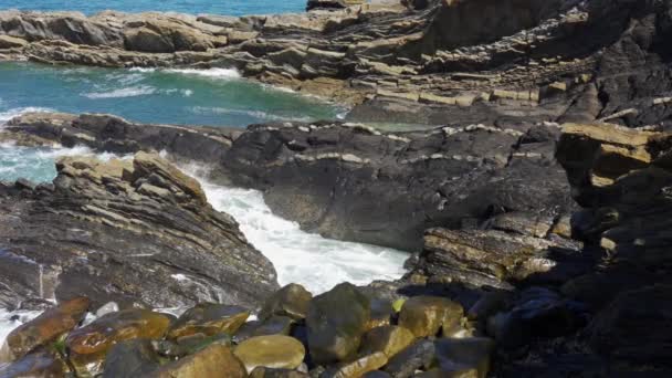 Waves Crashing Oddly Shaped Rock Formations North Coast Asturias Spain — Stock Video