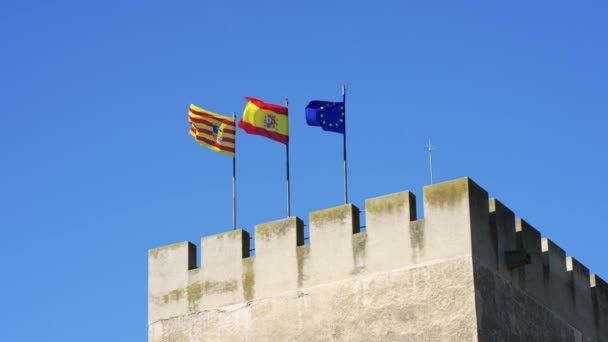 萨拉戈萨阿拉贡政府所在地的欧洲联盟 西班牙和阿拉贡国旗 — 图库视频影像