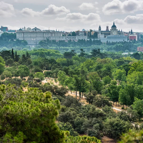 Madrid Skyline Från Casa Campo Med Kungliga Palatset Och Almudena — Stockfoto
