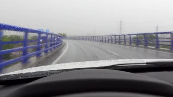 Heavy Rain Falling Glass Car While Driving Highway Gray Day — Stock Video