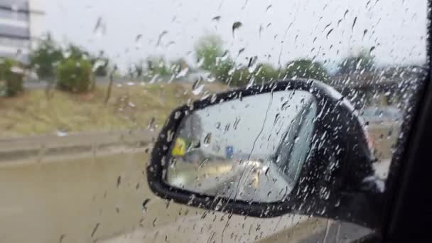 Raindrops Windows Car While Driving City Highway — Stock Video