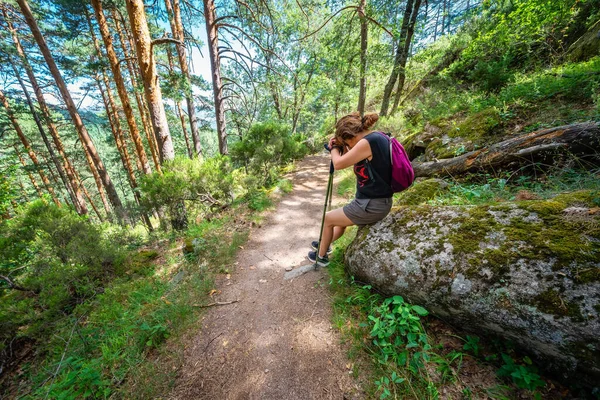 Woman Hiker Very Tired Sitting Rock Road Forest Guadarrama Madrid — Stock Photo, Image