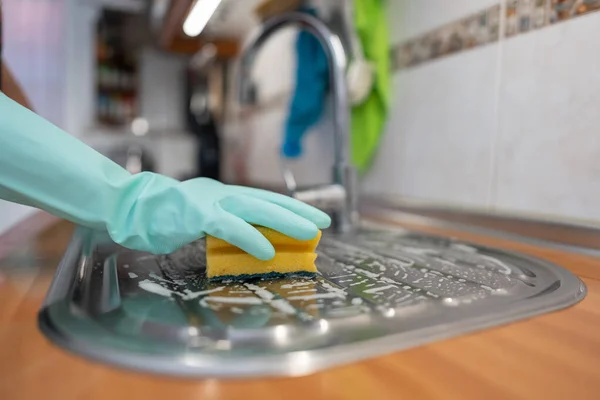 Hand Woman Gloves Scrubbing Kitchen Scourer Soap — Stock Photo, Image