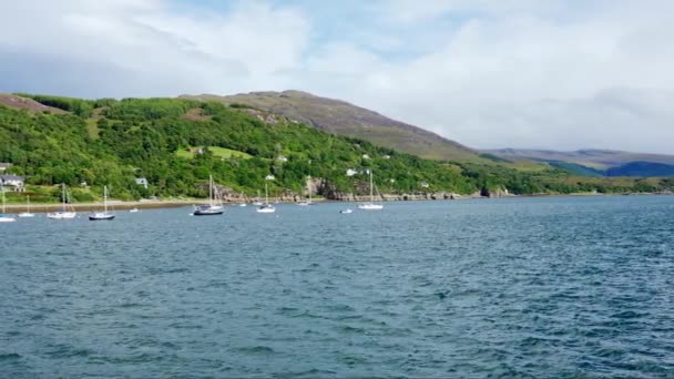 Küstenlandschaft Mit Fischer Und Freizeitbooten Die Küstennähe Ullapool Schottland Anlegen — Stockvideo