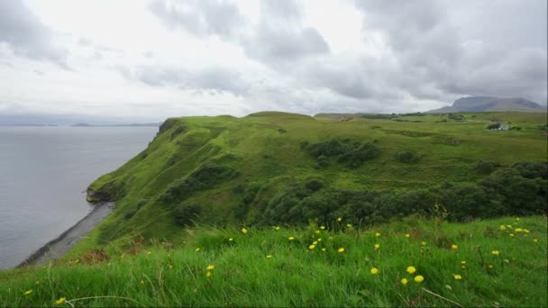 スコットランドのスカイ島の海の端にある緑の牧草地と山の崖 — ストック動画