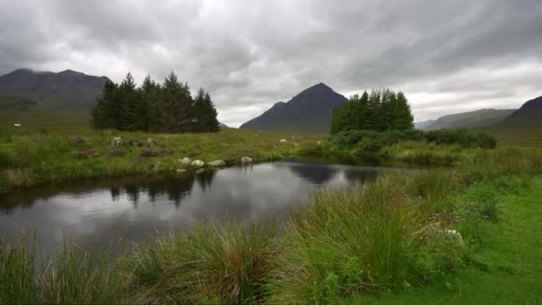 スコットランドのグレンコエの木々を反映した高山 緑の牧草地 湖の美しい景色 — ストック動画