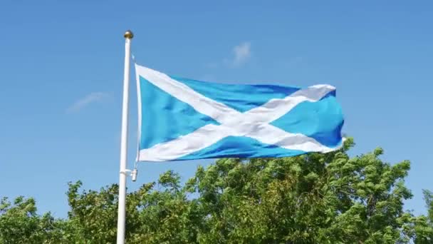 Bandera Escocia Moviéndose Lentamente Con Viento Sobre Fondo Azul Del — Vídeos de Stock