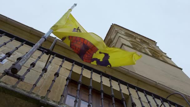 Medeltida Flagga Flyttas Vinden Bredvid Tornet Kyrkan Byn Pedraza Segovia — Stockvideo