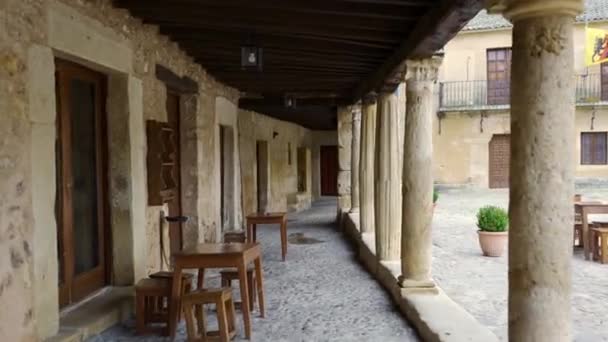 Pedraza Segovia Taş Sütunları Ahşap Çatıları Olan Çok Eski Evler — Stok video