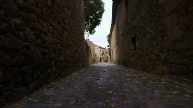 Segovia, Pedraza 'nın ortaçağ kasabasının pencerelerinde taş duvarlar ve çiçekler olan dar sokaklar