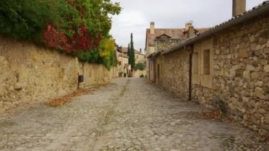 Yaprakların rüzgarla, Pedraza 'yla, Segovia' yla savrulduğu eski evleri olan kaldırımlı bir cadde.