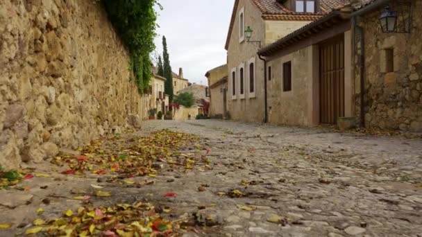 Cobbled Δρόμο Παλιά Σπίτια Όπου Φύλλα Τρέχουν Κινείται Από Τον — Αρχείο Βίντεο