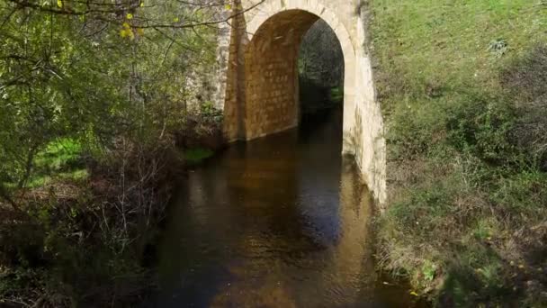 Pequeño Arroyo Que Atraviesa Arco Puente Piedra Ciudad Medieval Pedraza — Vídeos de Stock