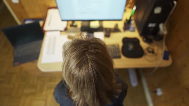 彼女のワークステーションで働くコンピュータに彼女の背中を持つ女性とキーボードにタイピング — ストック動画