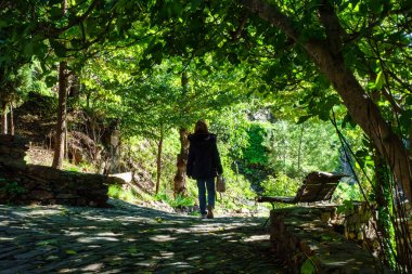 Turist kadın Patones de Arriba 'daki kaldırım taşı patikasında büyük ağaçların arasında geziniyor.