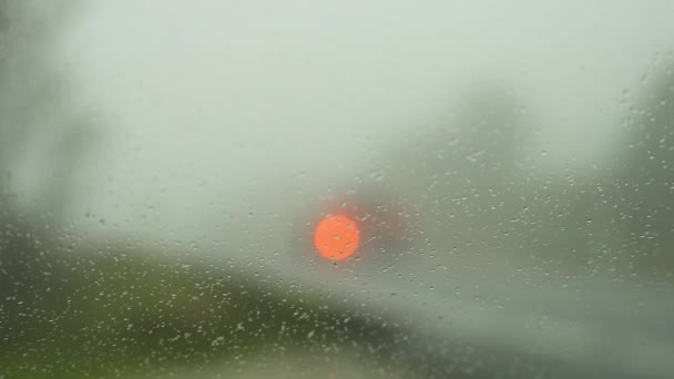 Autólámpák Egy Esőcseppekkel Teli Pohár Mögött Egy Ködös Hideg Napon — Stock videók