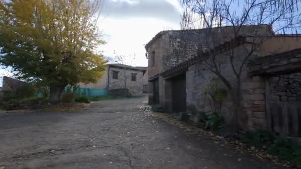 Rua Pitoresca Com Casas Pedra Árvores Outono Aldeia Palazuelos Guadalajara — Vídeo de Stock