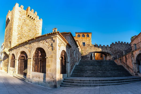 A group of medieval buildings next to the main square of Caceres, a World Heritage Site.
