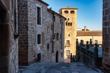 Caceres şehrinde çok eski binaları ve malikane kuleleri olan bir plaza.