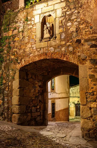 Stone arch on the medieval wall of the city of Caceres at night